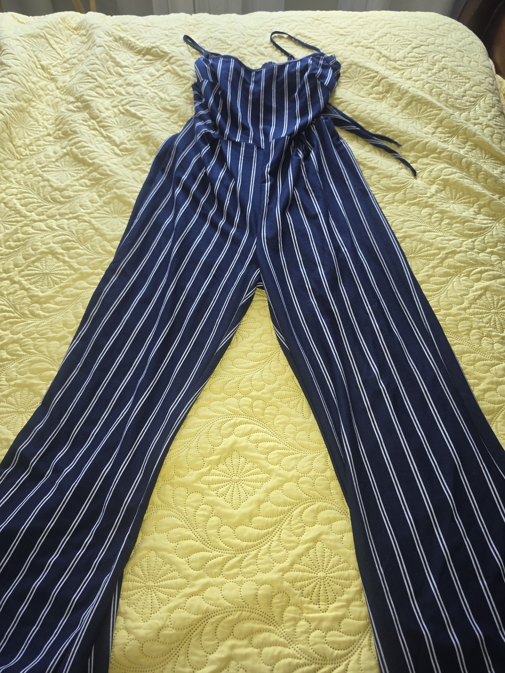 Source Unknown Navy and White Vertical-Stripe Wide-Leg Jumpsuit